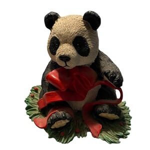 Silver Deer Panda Figurine Christmas Animals Tom Rubel Red Bow Collectible Decor